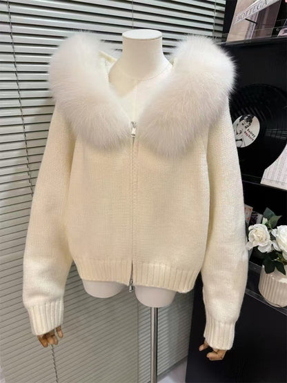 Cardigan à col en fourrure tricoté à capuche pour femme - Molinse