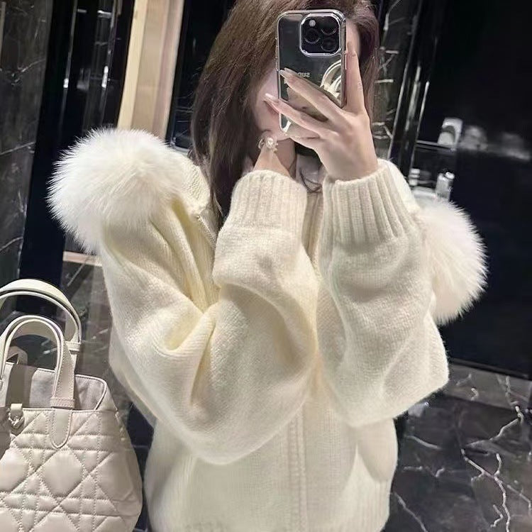 Cardigan à col en fourrure tricoté à capuche pour femme - Molinse