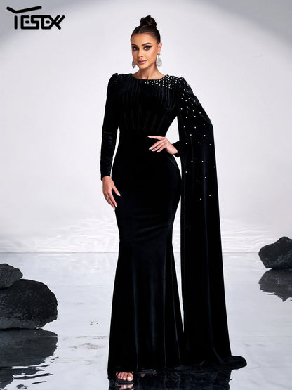 Robe de soirée en velours, strass, col rond - Molinse