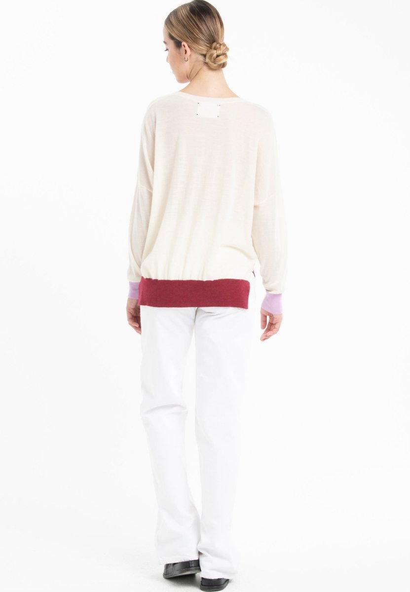 Pull col V oversize ultrafin cachemire et laine blanc/lavande/rouge femme - KELLY 10